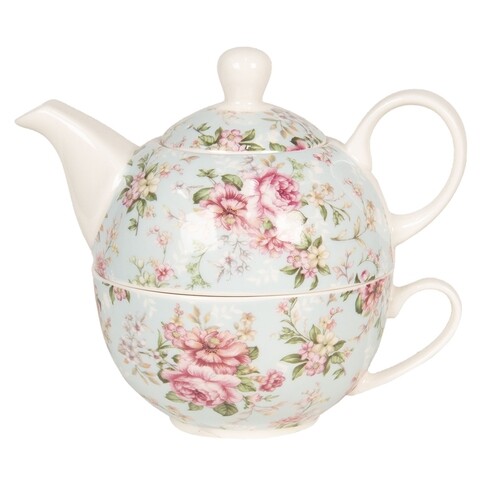Set ceainic si ceasca cu farfurie, Spring Blooming, Clayre & Eef, portelan, 400 ml