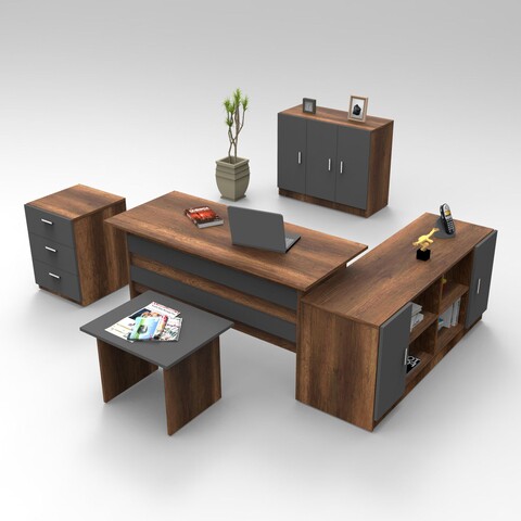 Set mobilier pentru camera de studiu, 5 piese, Locelso, VO16 – BA, pal melaminat, maro/antracit Birouri