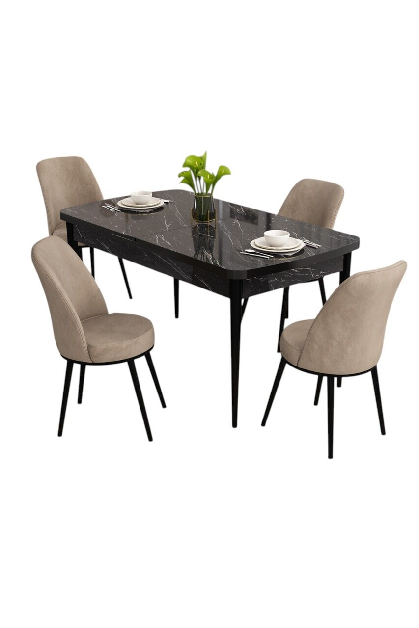 Set masa extensibila si scaune (5 piese), Hanah Home, Nix, Model de marmură neagră / Cappuccino — imaginea 2