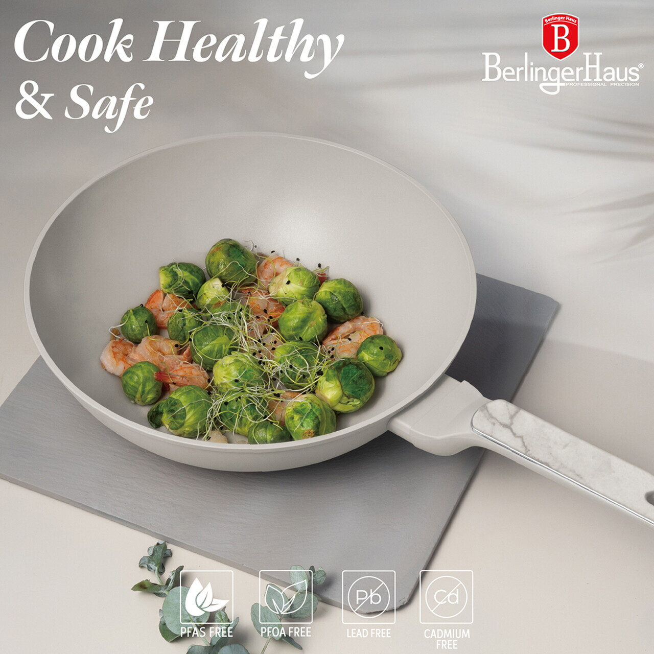 Tigaie Wok Berlinger Haus, Sahara Marble, 28 cm, 3.5 L, aluminiu forjat, crem mat/marmura - imagine 7