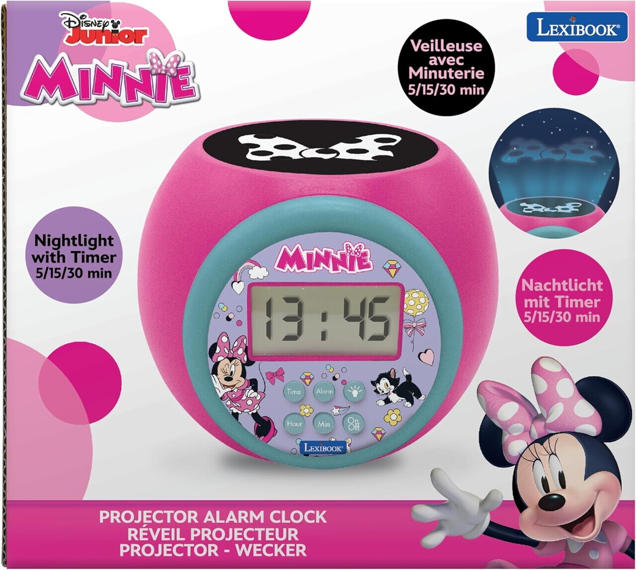 Ceas desteptator cu proiector Minnie Mouse, LEXIBOOK, 11.8x11x9.1 cm, roz - imagine 3