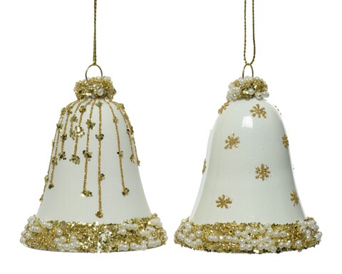 Set 2 globuri bell, decoris, 6.5x8 cm, sticla, alb/auriu