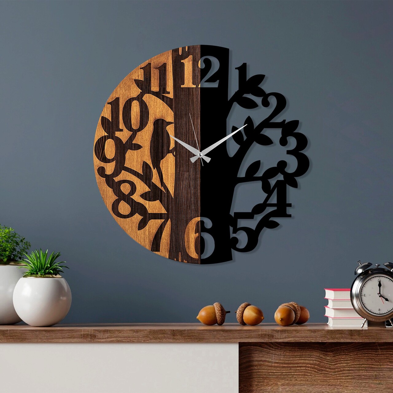Ceas de perete, Wooden Clock, Lemn/metal, ø56 cm, Nuc / Negru