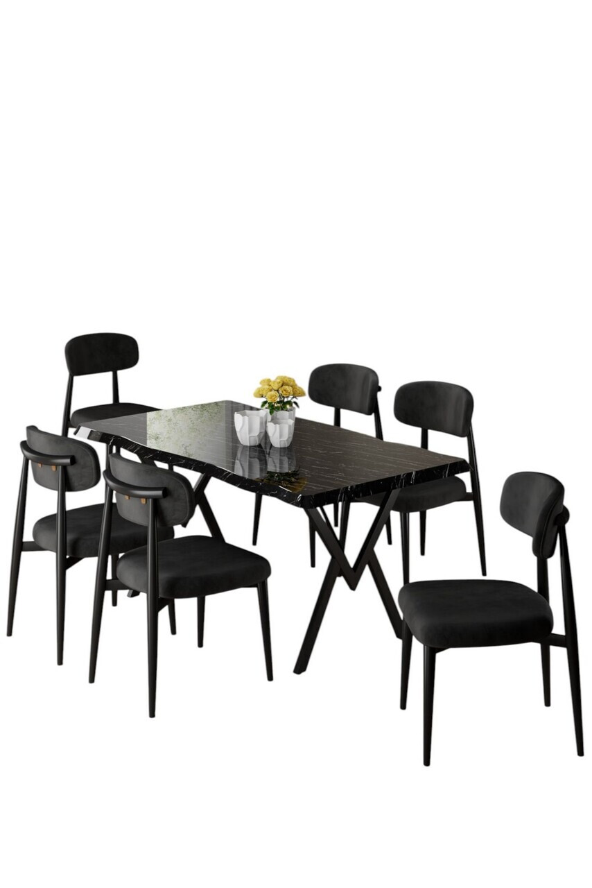 Set masa si scaune (7 piese), Hanah Home, Zerra, Model de marmură neagră / Negru — imaginea 2
