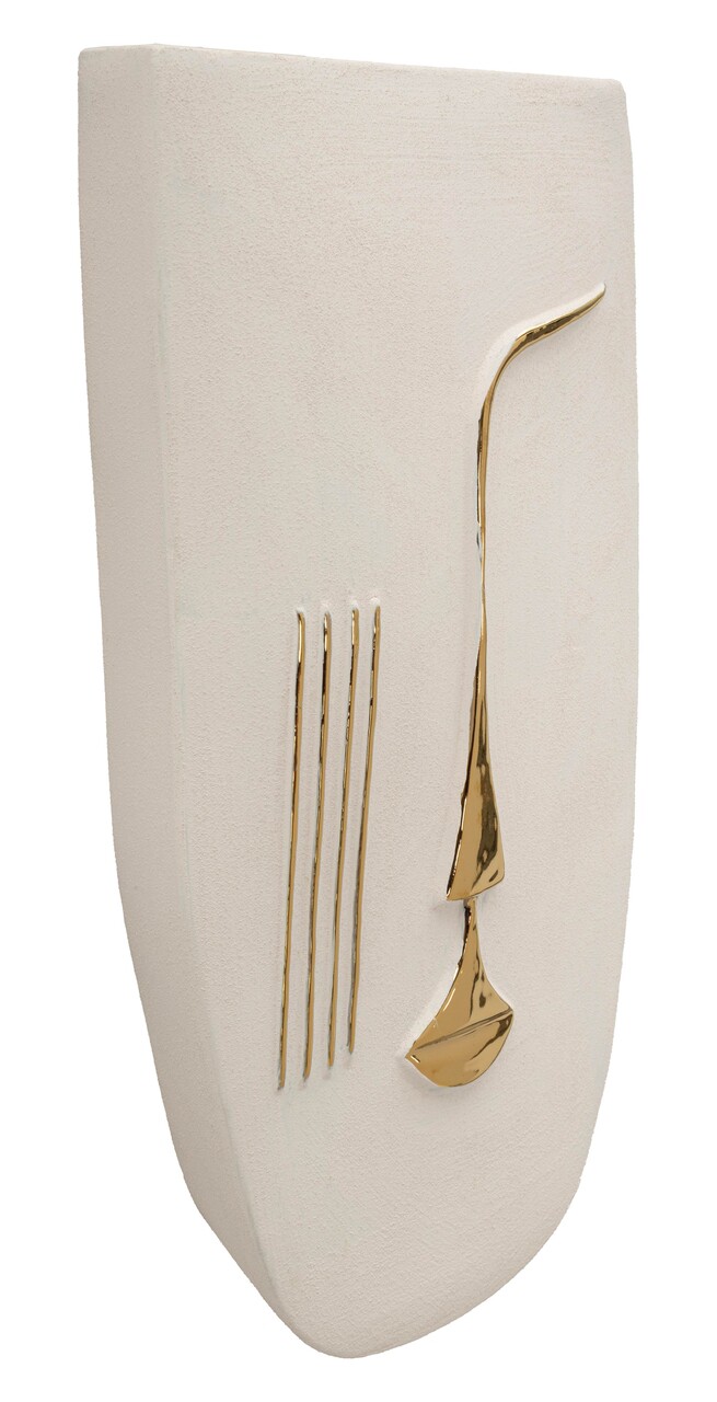 Decoratiune de perete, Mauro Ferretti, Mumbasa, 26x6.5x39.5 cm, ceramica, alb/auriu - imagine 4