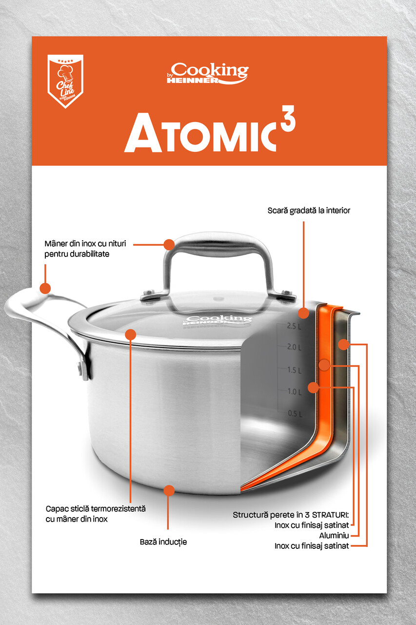 Cratita cu capac Atomic3, Cooking by Heinner, 26x7 cm, 3.5 L, inox/sticla, argintiu - imagine 10
