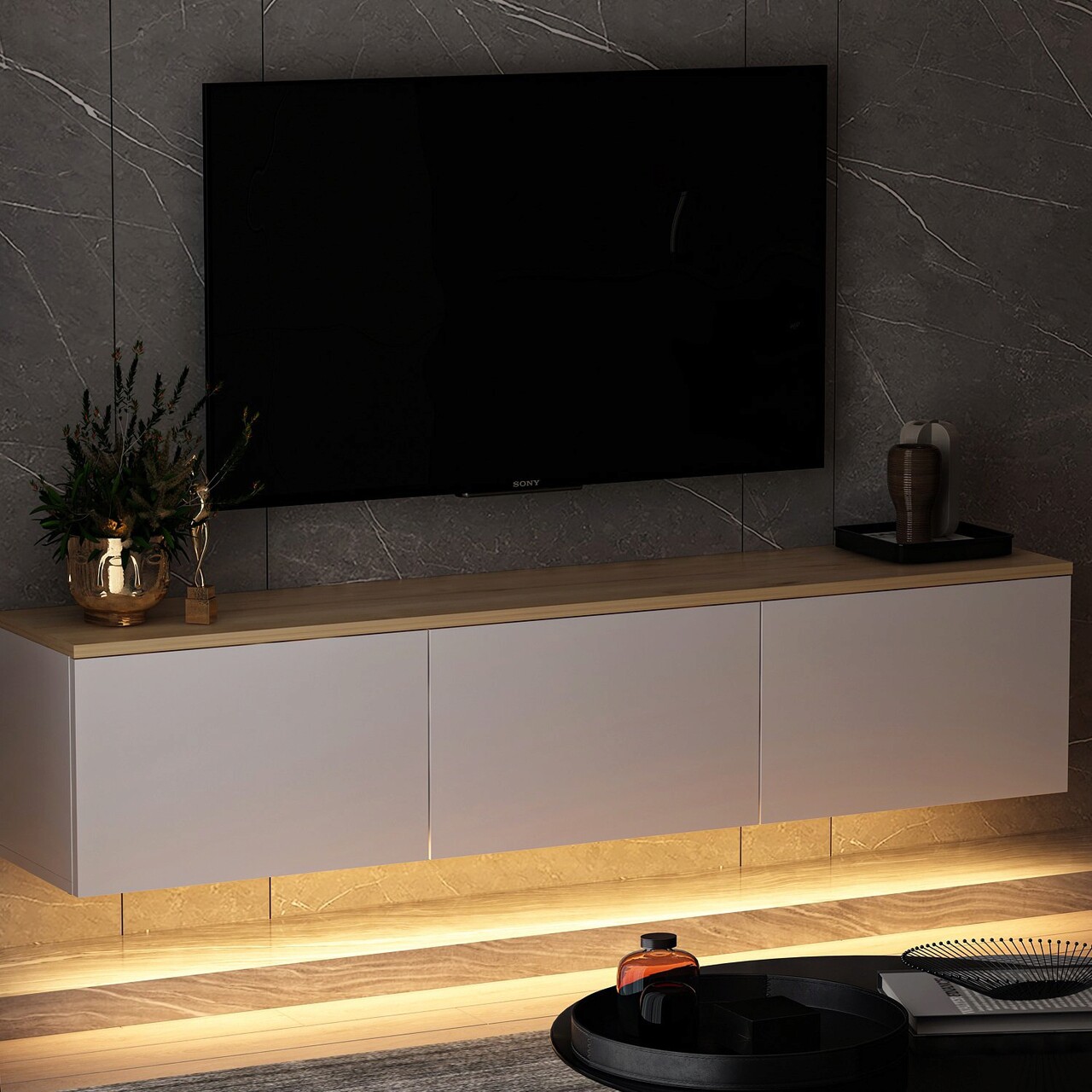 Comoda TV, Inarch, Neon, 160x35x32 Cm, Stejar Alb