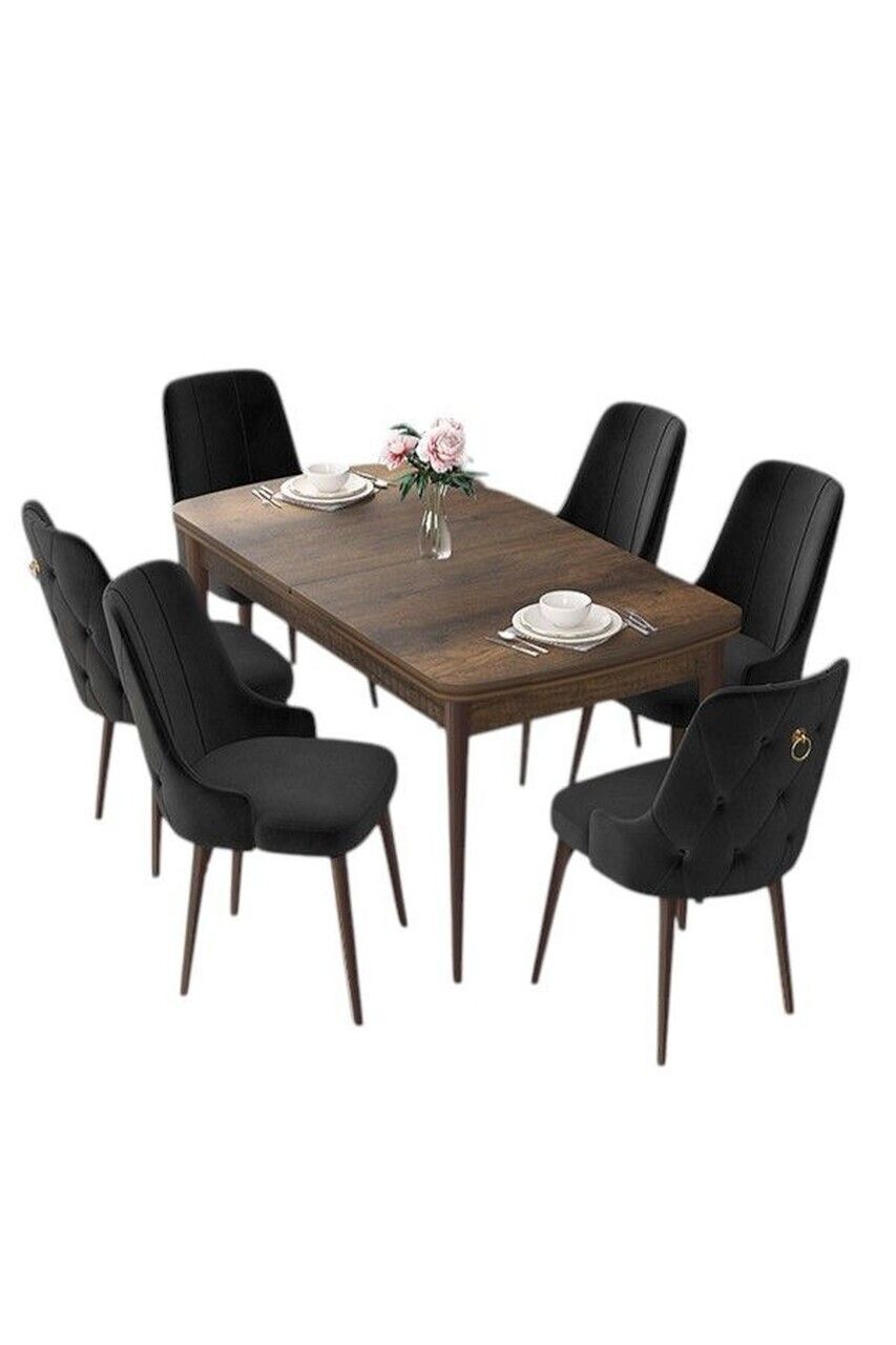 Set masa extensibila si scaune (7 piese), Hanah Home, Nex, Model baroc din lemn / Negru — imaginea 2