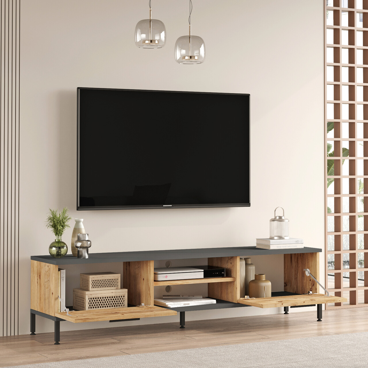 Comoda TV Bedora, 160x35x39.1 cm, PAL, natur/antracit - 2 | YEO