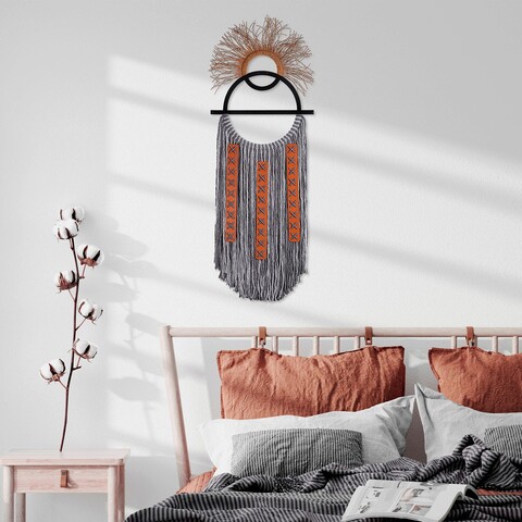 Decoratiune de perete, tiramac, macrame, metal, gri / alb / portocaliu