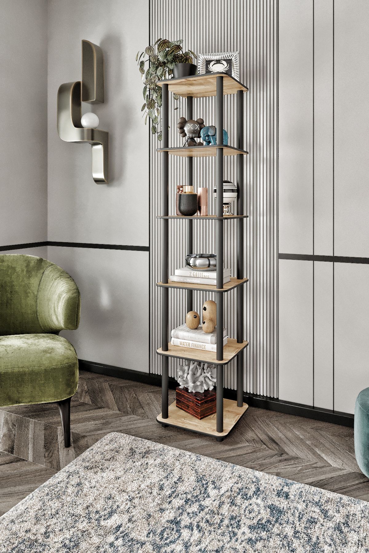 Corp biblioteca, Hanah Home, Bookcase 6 Tiers Square, 34x175x34 cm, MDF , Stejar