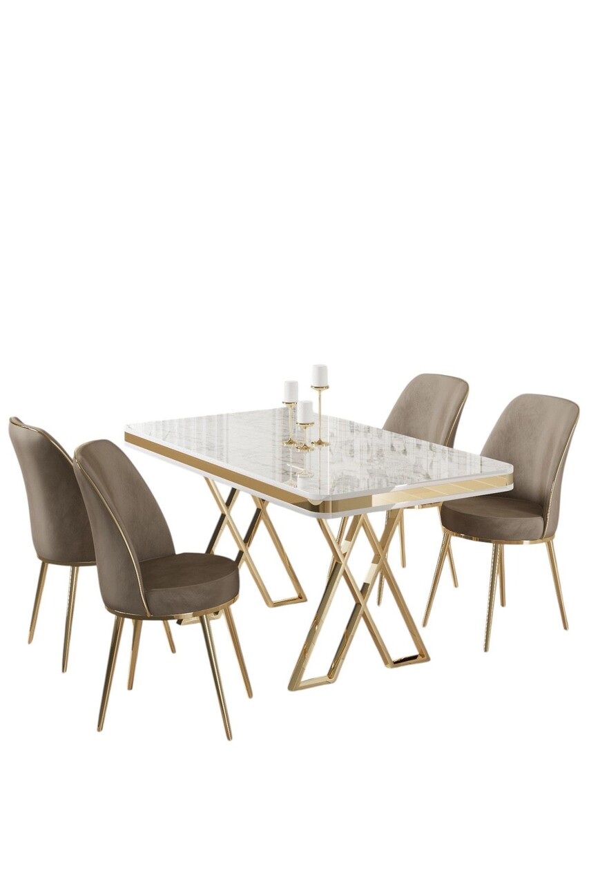 Set masă și scaune (5 bucăți), Hanah Home, Vals, Alb / Auriu / Cappuccino - imagine 2