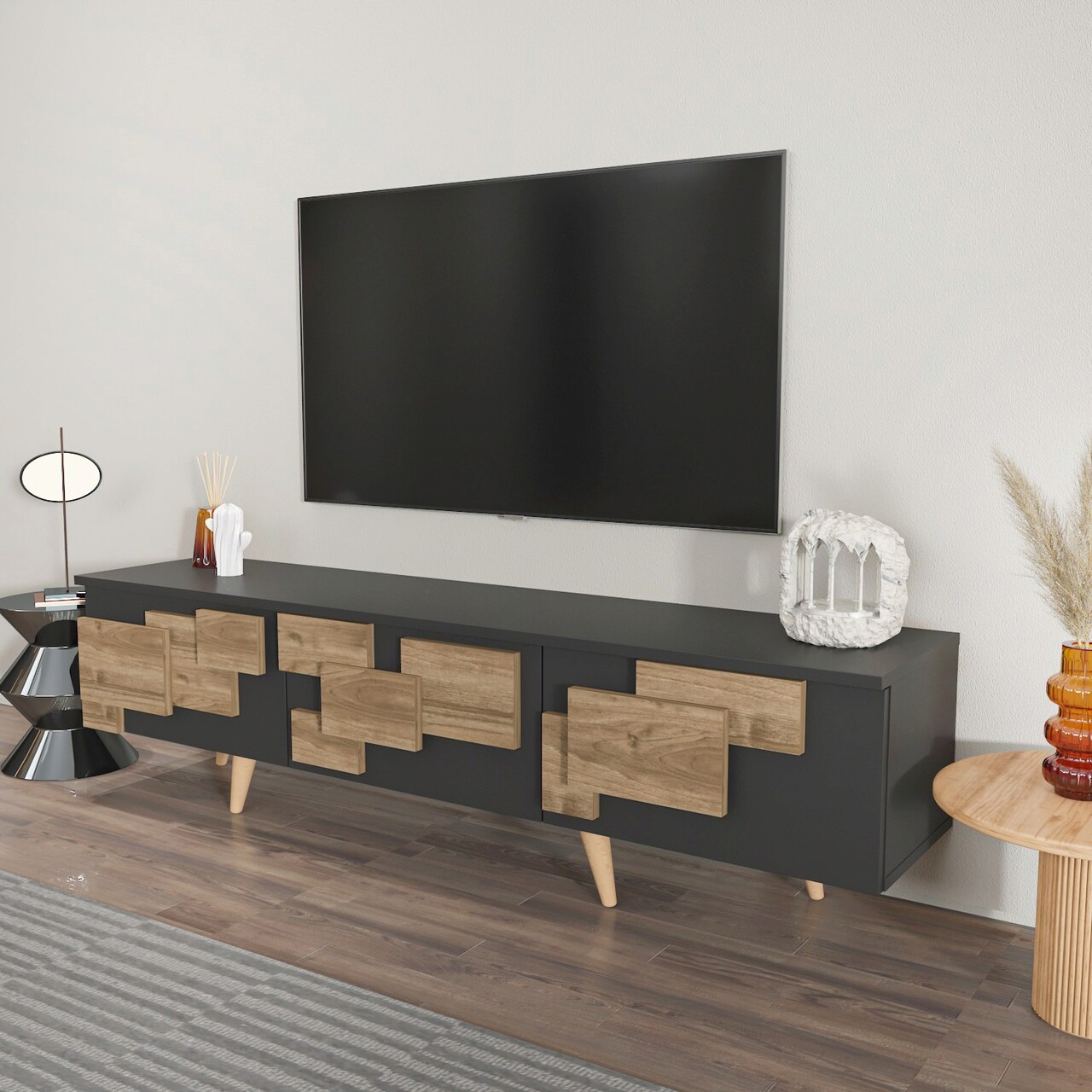 Comoda TV, Zena Home, 3 D, 160x45x35 cm, PAL, Antracit / Nuc - 1 | YEO