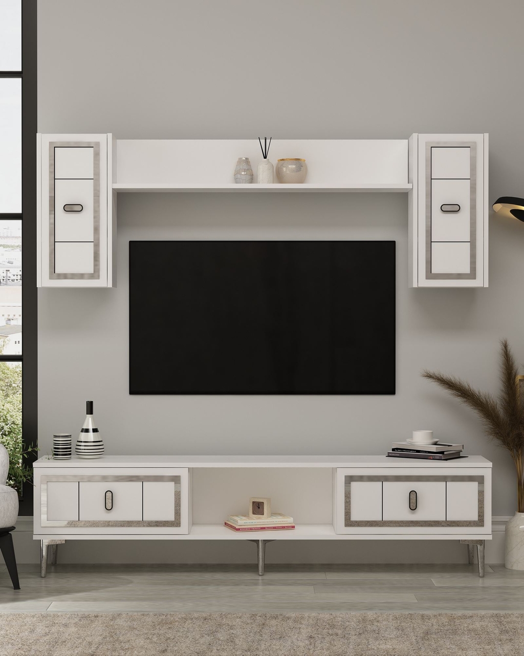 Comoda TV, Hanah Home, Orion, 150x44.6x29.6 cm, PAL , Alb / Argintiu