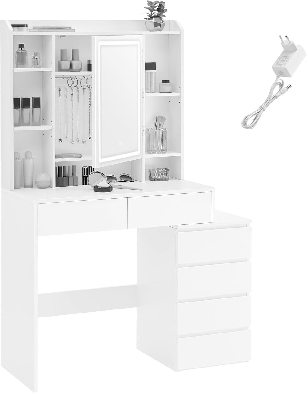 Masa de toaleta cu  oglinda cu LED-uri / masuta dressing, Vasagle, 97.5x40x145  cm, PAL, alb - 1 | YEO