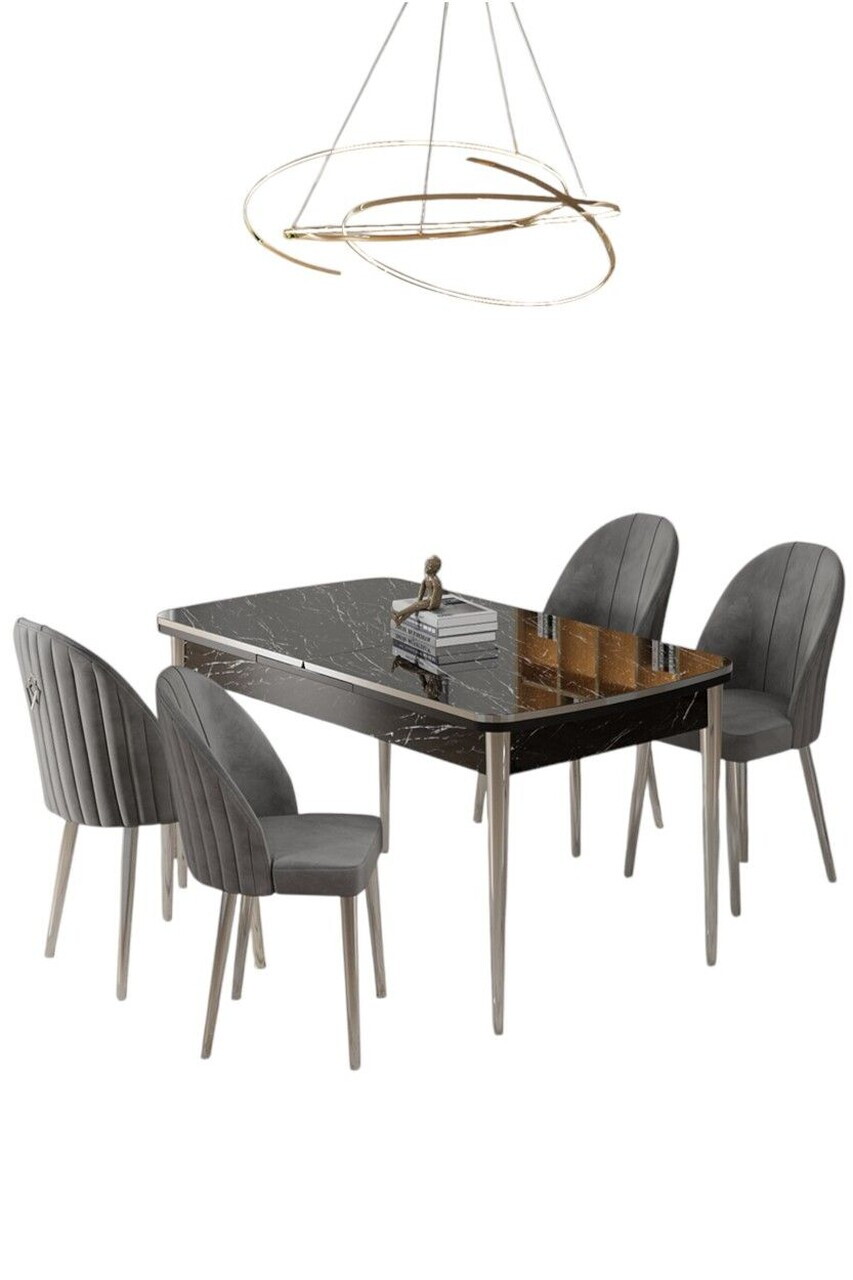 Set masa extensibila si scaune (5 piese), Hanah Home, Rada, Model de marmură neagră / Crom / Gri — imaginea 2