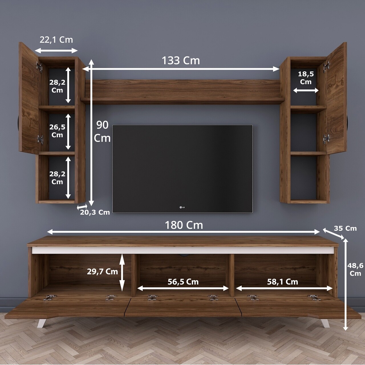 Comoda TV Cu Raft De Perete Si 2 Cabinete M27 - 833, Wren, 180 X 35 X 48.6 Cm/133 Cm, Walnut/white