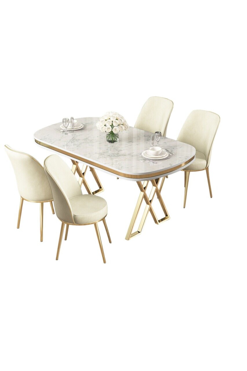 Set masa si scaune (5 piese), Hanah Home, Lai, Model de marmură albă / Auriu / Crem — imaginea 2