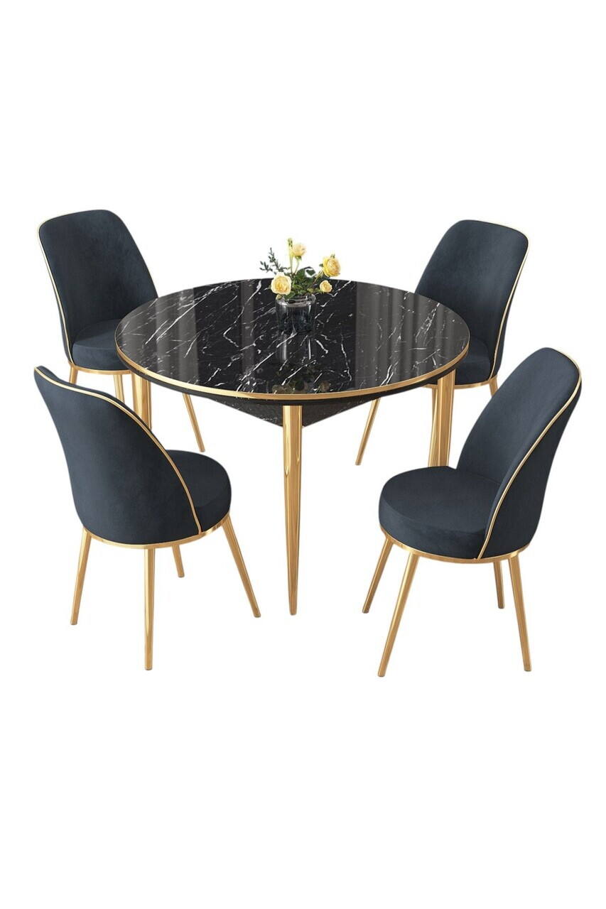Set masa si scaune (5 piese), Hanah Home, Osle, Model de marmură neagră / Auriu / Antracit — imaginea 2