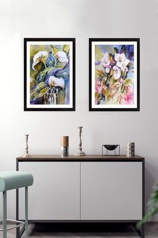 Set 2 tablouri decorative flower with frame black, tablo center, 34x44 cm, mdf, multicolor