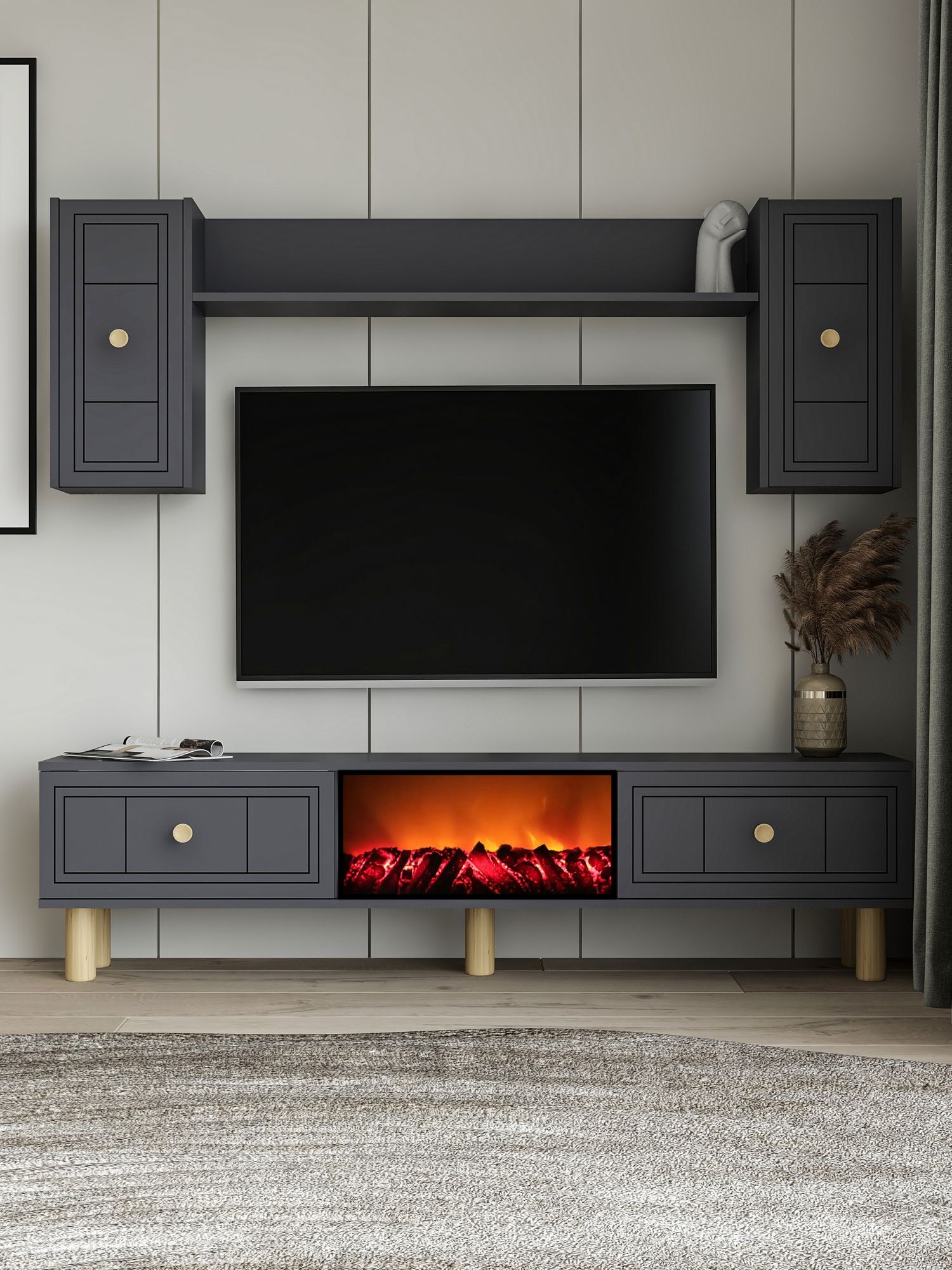 Comoda TV, Hanah Home, Dario Bohem Fireplace, 150x44.6x29.6 cm, PAL , Antracit