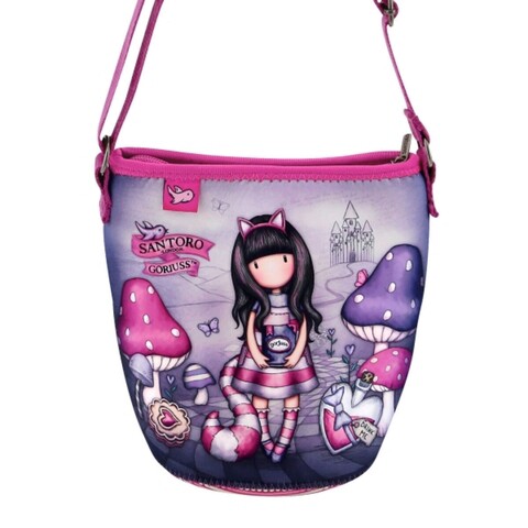 Geanta cu banduliera, gorjuss, cheshire cat, 19.5 x 18.8 x 11 cm, poliester/neopren, multicolor