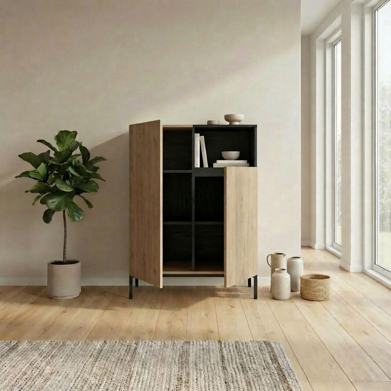 Bufet, Hanah Home, Cailin, 90x120x41.8 cm, PAL, Stejar Sepet / Negru lemn / Gresie - 3