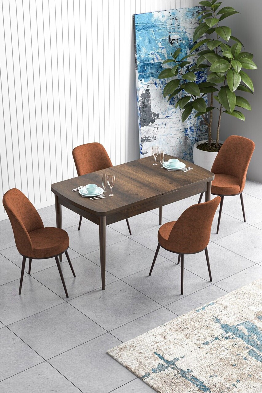 Set masa extensibila si scaune (5 piese), Hanah Home, Han, Model baroc din lemn / Teracotă