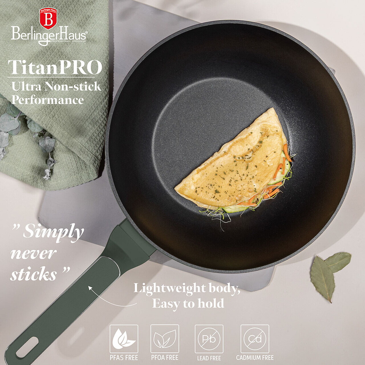 Tigaie Wok cu capac Berlinger Haus, Matte Green, 28 cm, 3.2 L, aluminiu forjat, verde mat - imagine 14