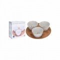 Set 3 boluri cu suport Leaves, 5 x 10 cm, ceramica si bambus, alb/natur