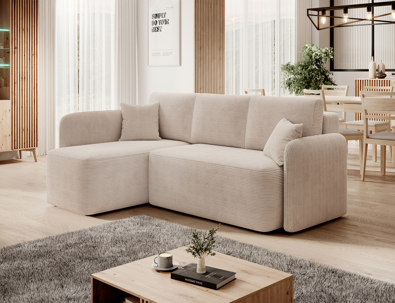Coltar extensibil stanga 3 locuri ELTAP, Hadson, 206x150x89 cm, lemn/poliester, bej deschis - 1 | YEO