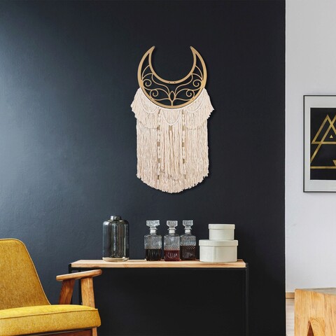 Decoratiune de perete, moonmac, macrame, metal, crem / aur
