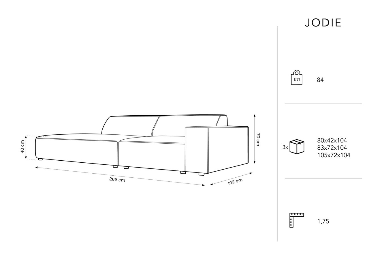 Canapea 3 locuri cotiera stanga, Jodie, Micadoni Home, BL, forma rotunjita, 262x102x70 cm, catifea, gri