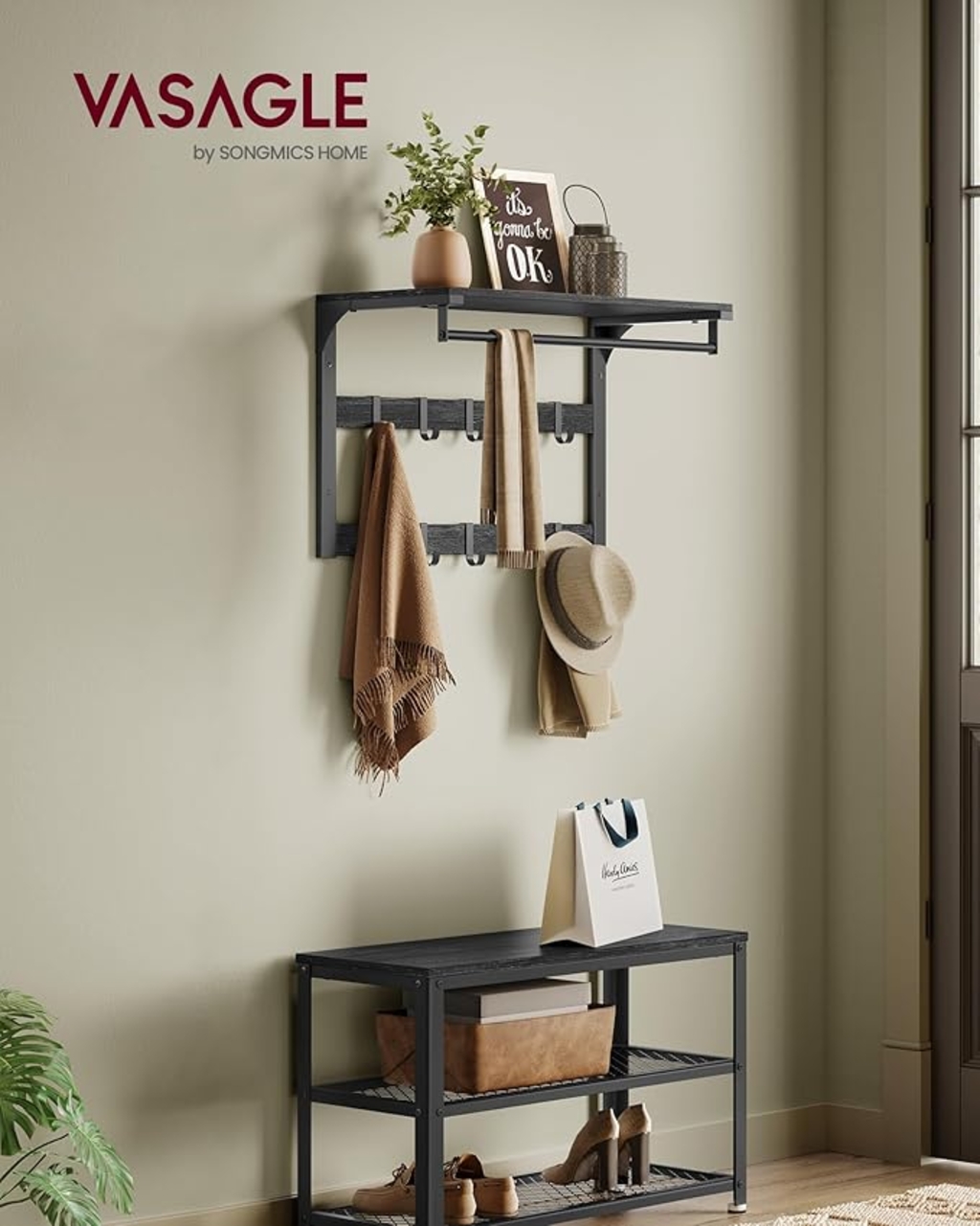 Cuier de perete cu 10 agatatori, Vasagle, 66x30x42 cm, PAL/otel, gri carbune/negru