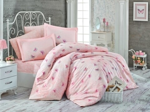 Lenjerie de pat dubla, 6 piese, 240x260 cm, 100% bumbac satinat, Hobby, Maria, somon