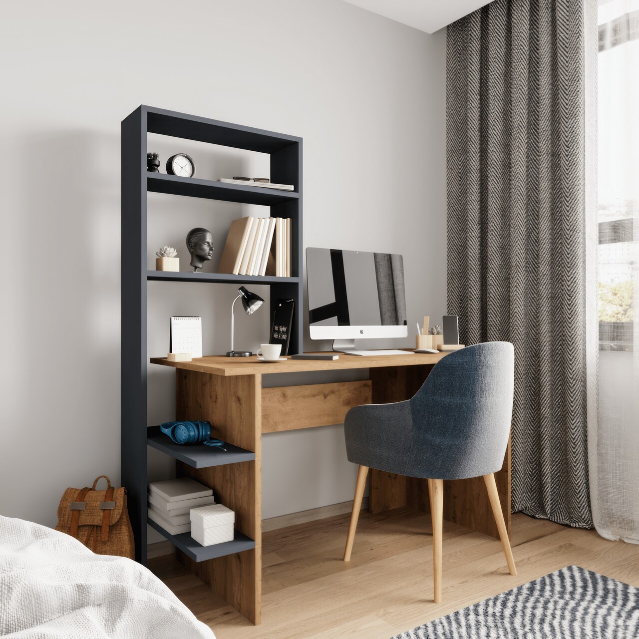 Set birou si biblioteca, Qualex, Aden, Stejar / Antracit - 1 | YEO