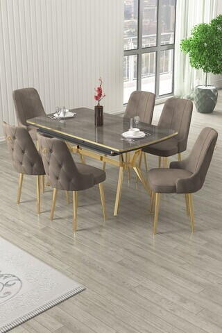 Set masa extensibila si scaune (7 piese), Hanah Home, Nis, Antracit / Auriu / Cappuccino