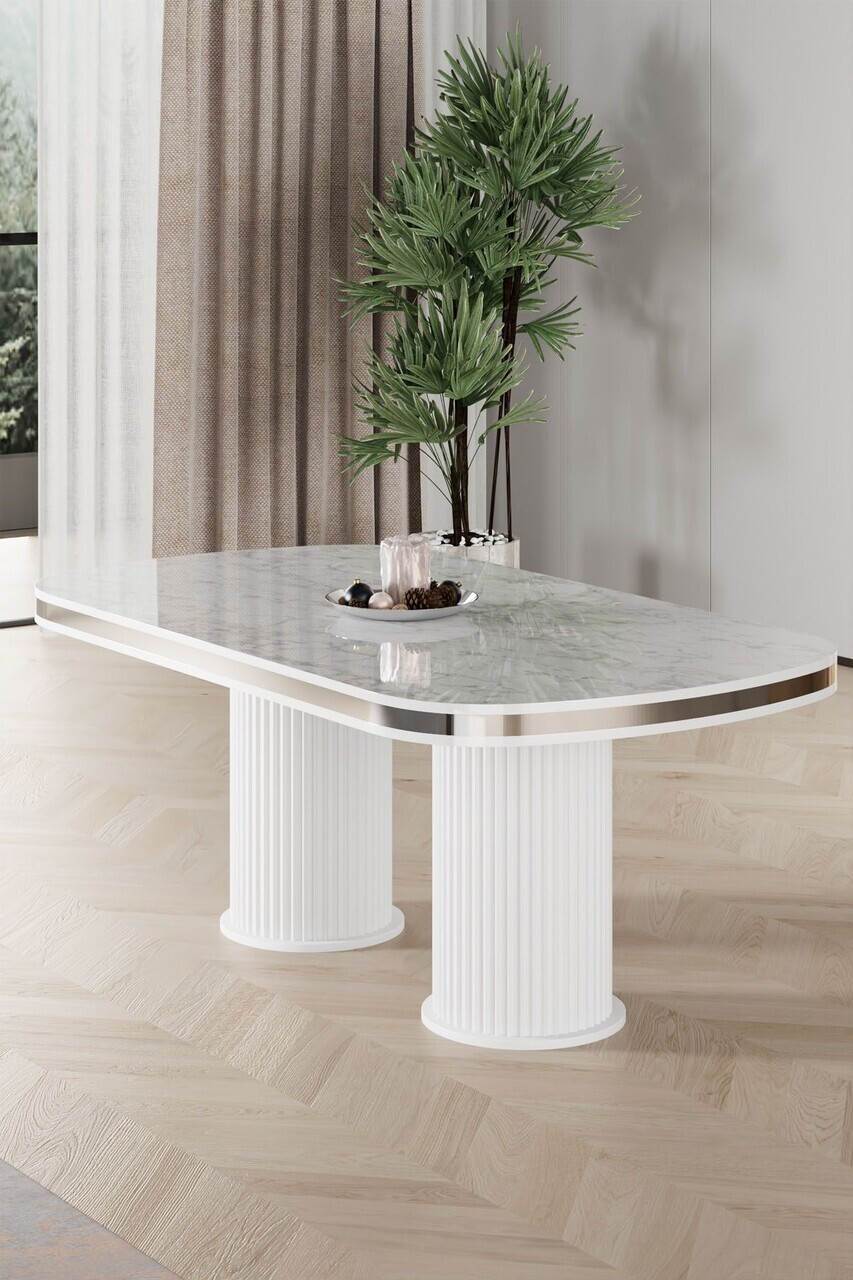 Masa, Hanah Home, Galya, 168x76x90 cm, Model de marmură albă / Crom