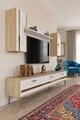 Comoda TV, Hanah Home, Ilay, 180x41x30 cm, Stejar Safir / Alb / Auriu
