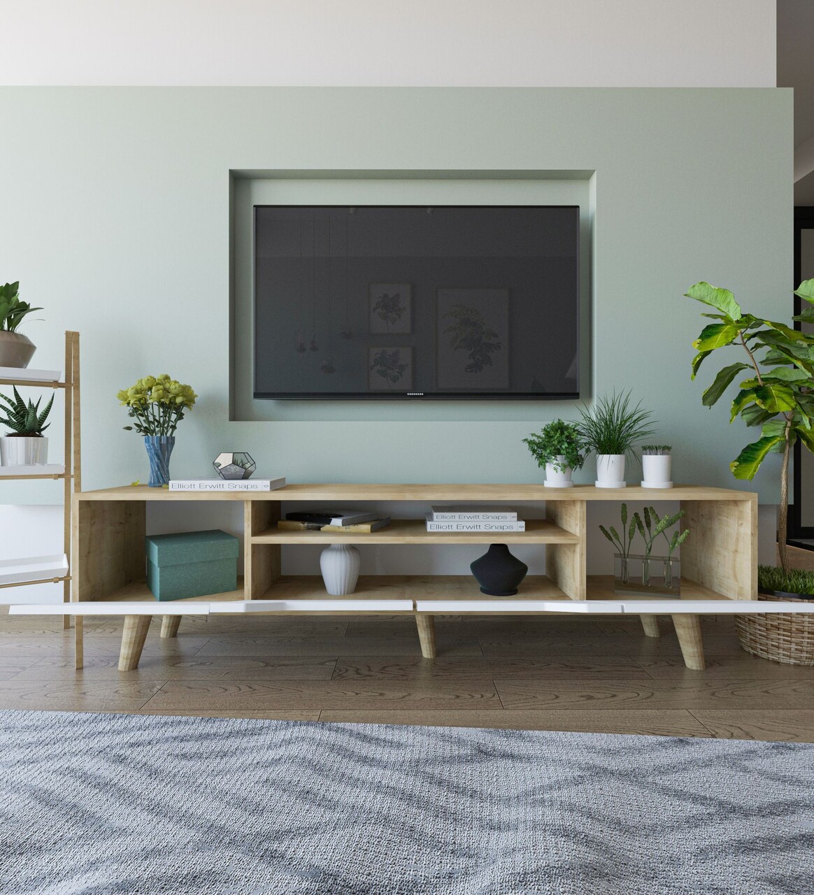 Comoda TV, Hanah Home, Roma 180, 180x48x29.8 cm, PAL, Stejar Safir / Alb - imagine 3