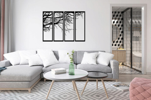 Decoratiune de perete, Tree, Metal, 25 x 50 cm, 4 piese, Negru Ledena