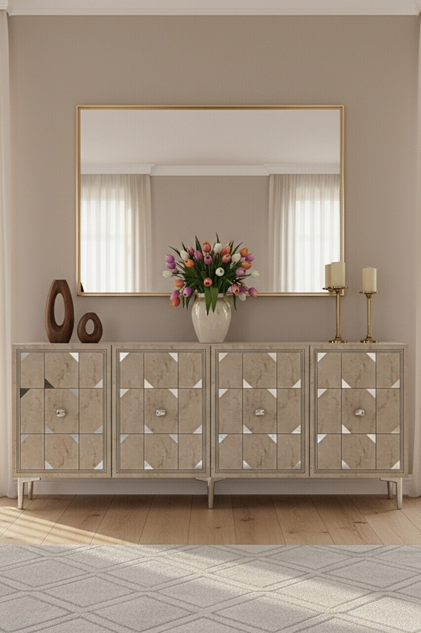 Consola, Hanah Home, Moka 150, 150x75x32 cm, White / Travertine / Silver — imaginea 2