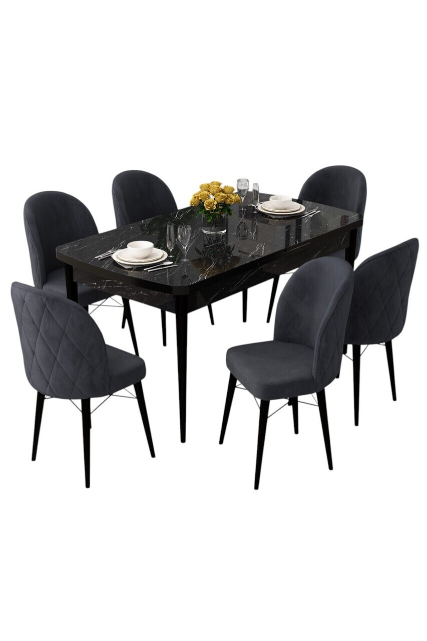 Set masa extensibila si scaune (7 piese), Hanah Home, Rut, Model de marmură neagră / Antracit — imaginea 2