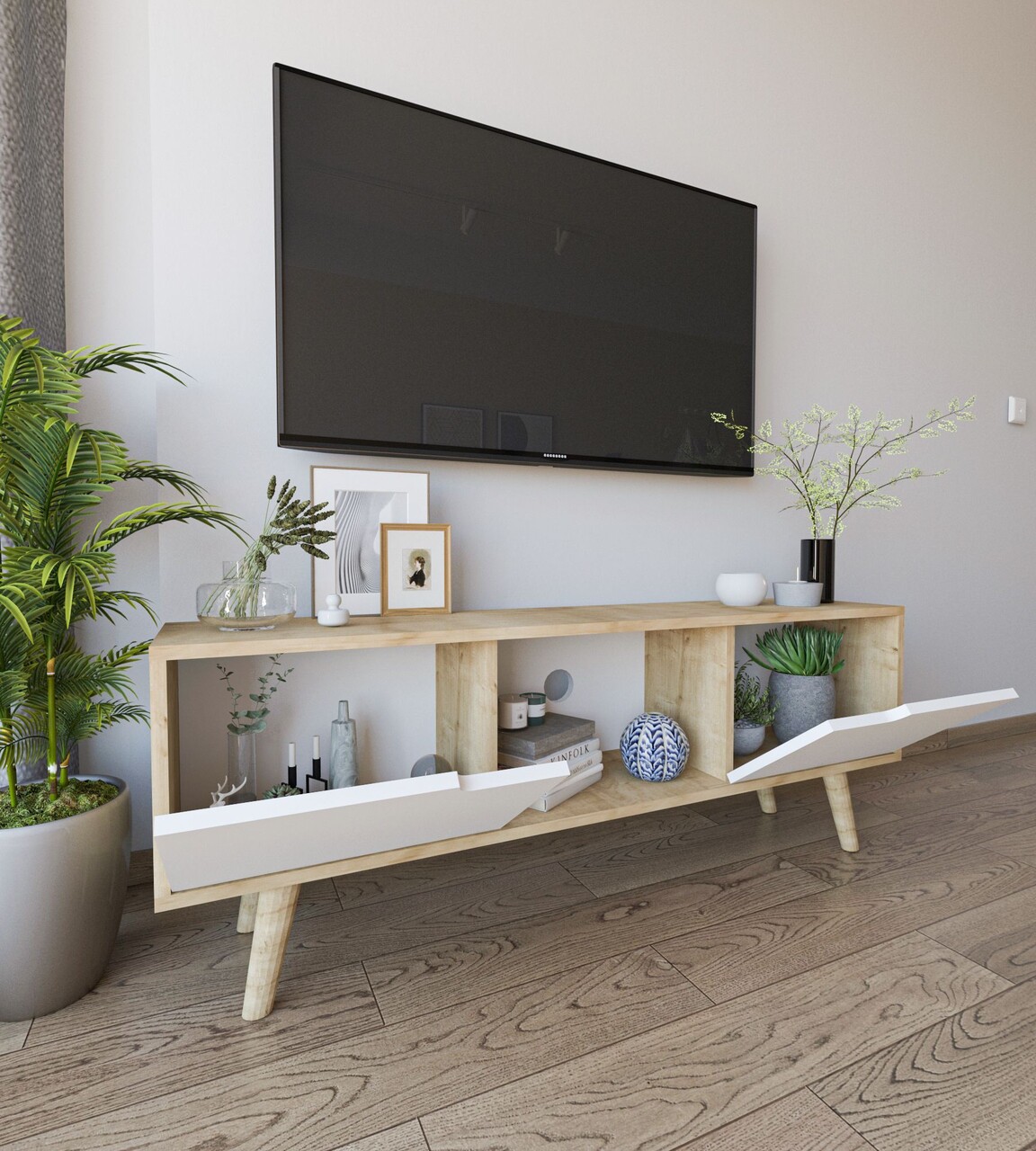 Comoda TV, Hanah Home, Siena, 139.7x53x53 cm, PAL, Stejar Safir / Alb - imagine 3