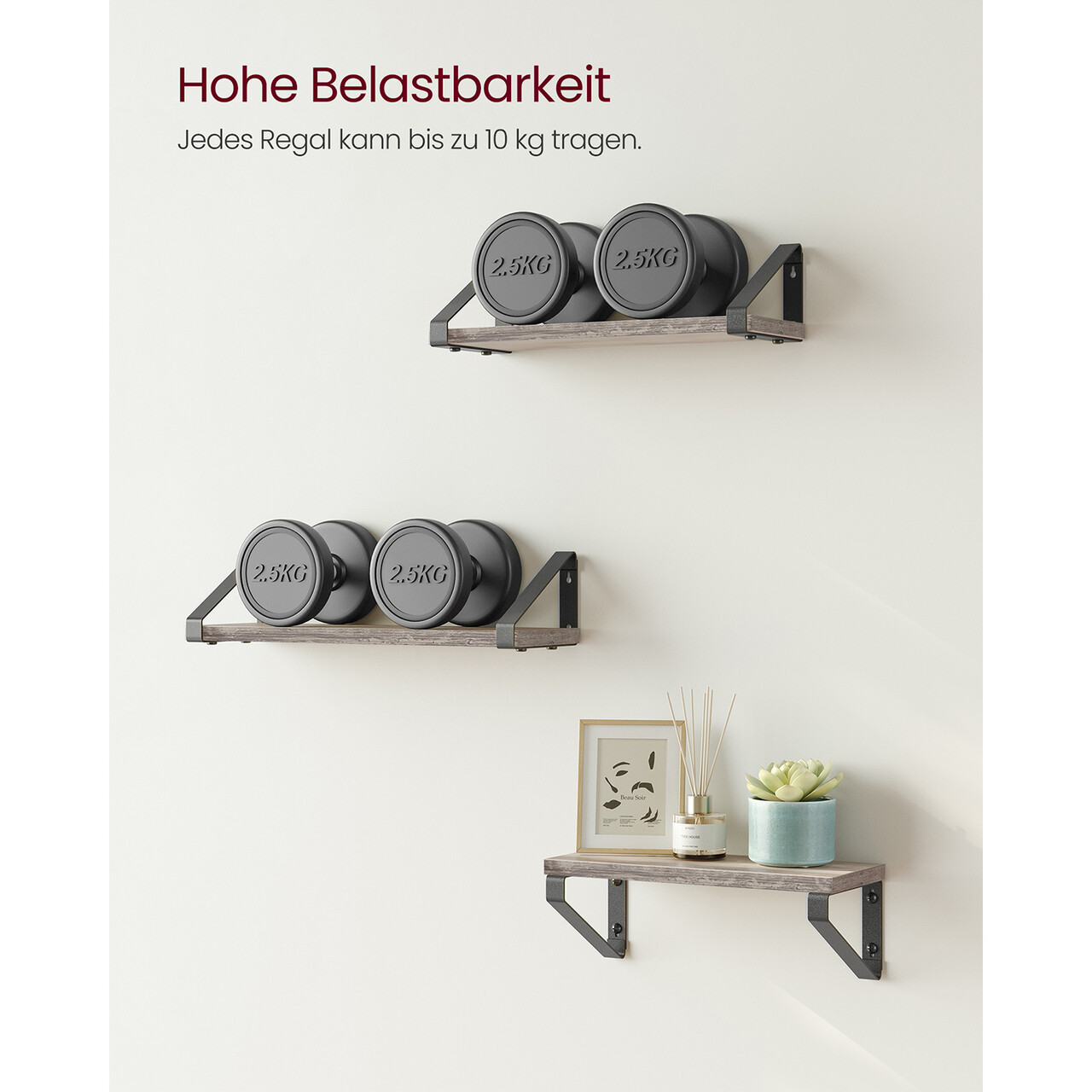 Set 3 rafturi de perete, Vasagle, Industrial Design, 40 cm/35 cm/30 cm, PAL/otel, gri