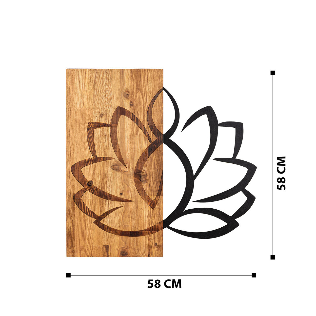 Decoratiune de perete, Lotus, lemn/metal, 58 x 58 cm, negru/maro