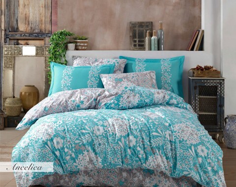Lenjerie de pat dubla, 4 piese, 200x220 cm, 100% bumbac poplin, hobby, ancelica, turcoaz
