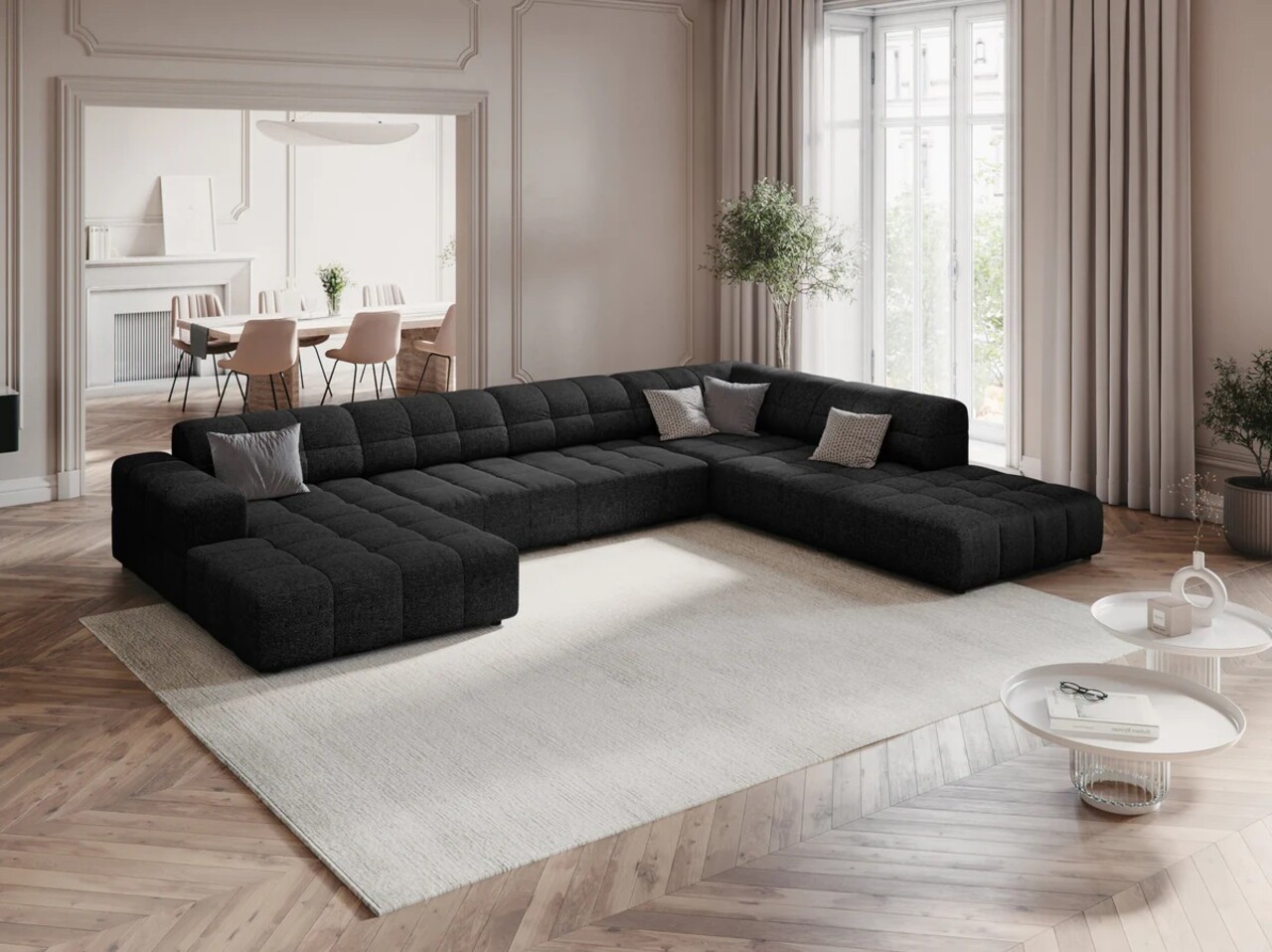 Coltar panoramic drepta 7 locuri, Jennifer-140, Micadoni Home, 364x262x70 cm, tesatura chenille din poliester, negru - 1 | YEO