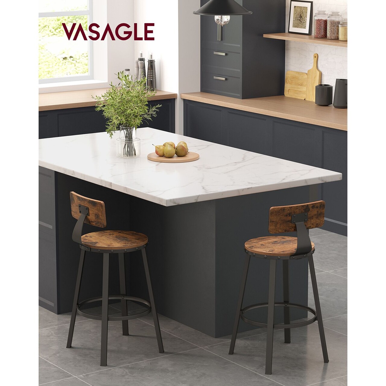Set 2 scaune de bar, Vasagle, Industrial, 50.6x88.5 cm, PAL/otel, maro
