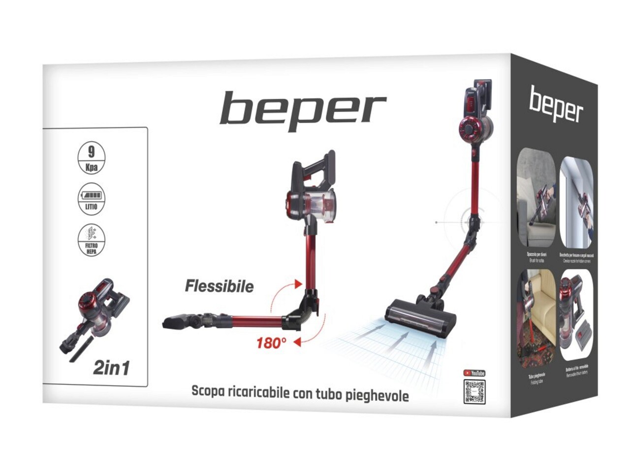 Aspirator reincarcabil Beper, 120 W, 25x22x126 cm, ABS, rosu/negru